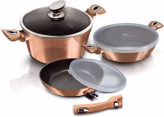 Set di pentole Berlinger Haus BH-7051 in granito con rivestimento antiaderente, colori oro e bronzo, include padella e coperchio in vetro – 1