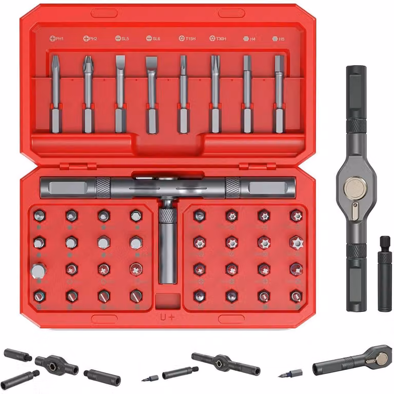 Set di cacciaviti a bussola con 42 elementi, inclusi 40 inserti S2, magnetici, codificati a colori, colore rosso