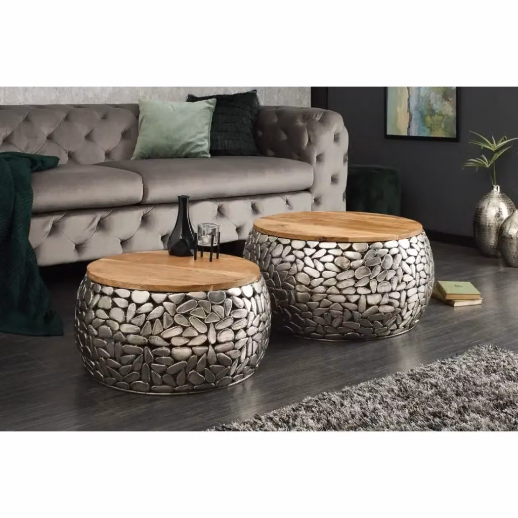 Tavolini bassi nidificati GALEA MEUBLORAMA in legno di mango e alluminio argentato con motivo decorativo a ciottoli, marrone e argento – 2