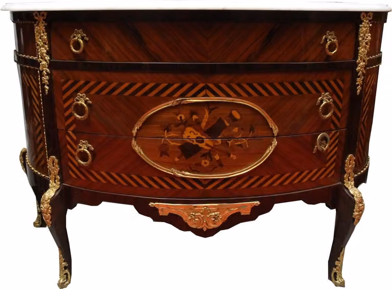 Cassettiera francese in stile antico in intarsio marrone con piano in marmo bianco - Mobili barocchi