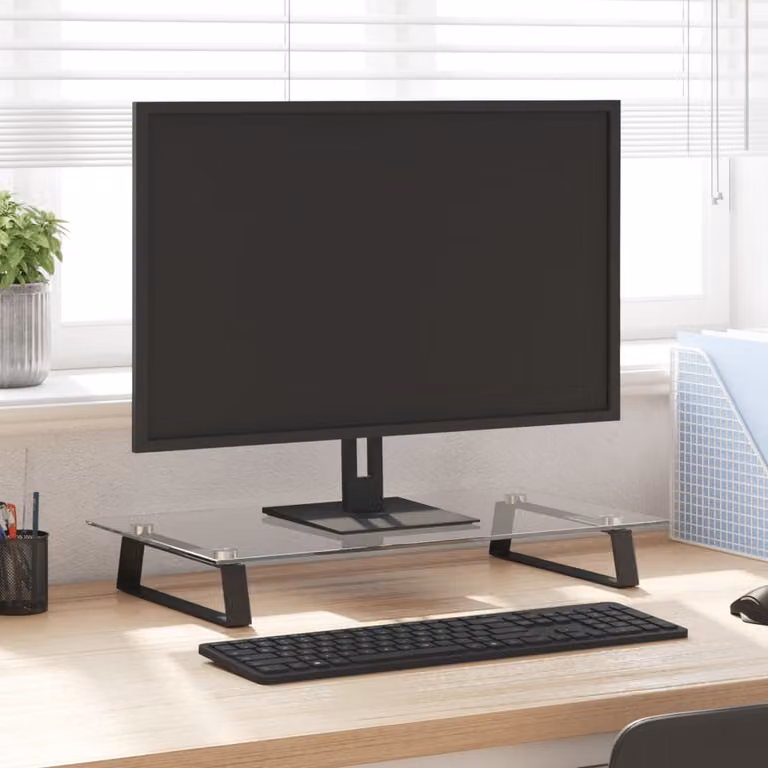 vidaXL Supporto per Monitor in Vetro Temperato e Metallo, Nero e Trasparente, L/P/H: 60 x 35 x 8 cm