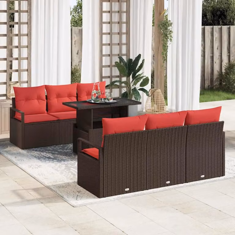 Set Divano da Giardino vidaXL a 7 pezzi con Tavolino e Cuscini, Design a U, Colore Marrone e Rosso