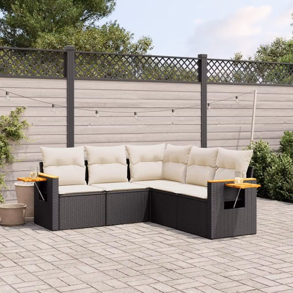 vidaXL Set Divani da Giardino a L 5 pz in Polyrattan Nero con Cuscini e Tavolino da Esterno – 1