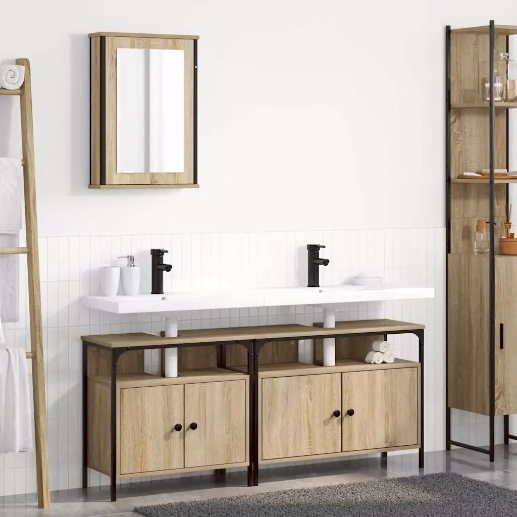 Set di mobili per il bagno minimalista composto da mobile lavabo e armadietto con specchio in legno e metallo, colore marrone e nero, L: 80,0 cm, P: 38,15 cm, H: 60,0 cm – 2