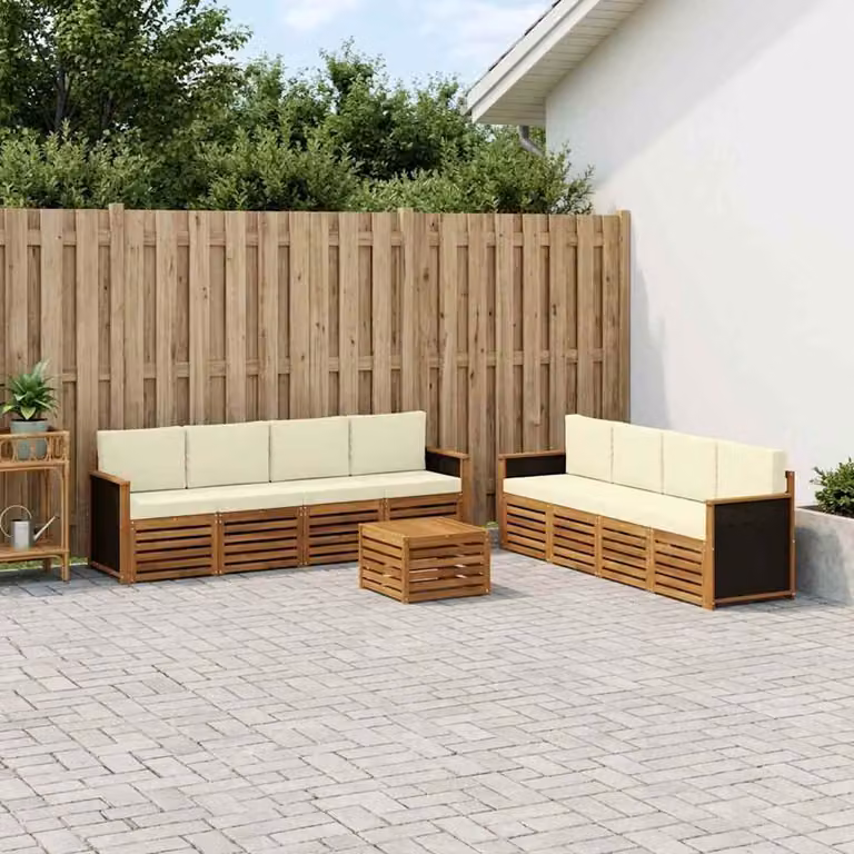 Set di divani da esterno vidaXL 9 pz in legno di acacia con tavolo da caffè e cuscini, colore naturale e crema