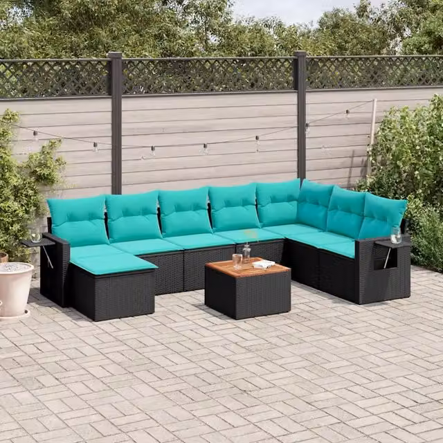 Set di Divani da Giardino 9 Pezzi vidaXL in Polyrattan Nero con Cuscini e Tavolino da Esterno a Forma di U
