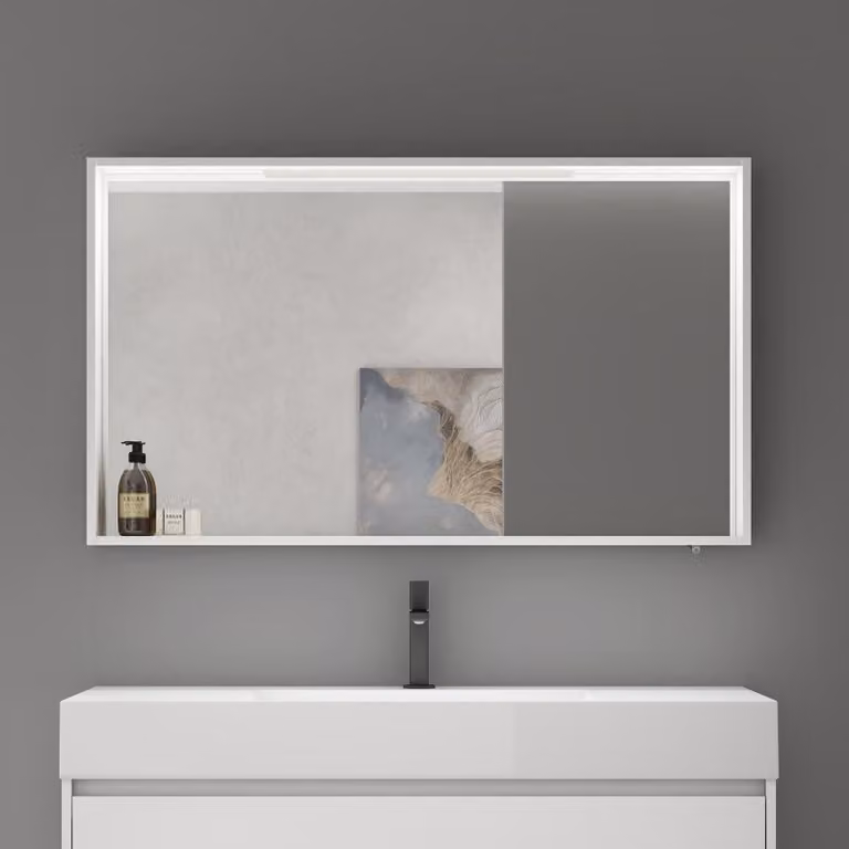doporro Armadietto a Specchio con Luce 120x12x70cm, Specchio da Parete con Luce LED e Ripiano in Legno Bianco opaco Spiegelschrank-01