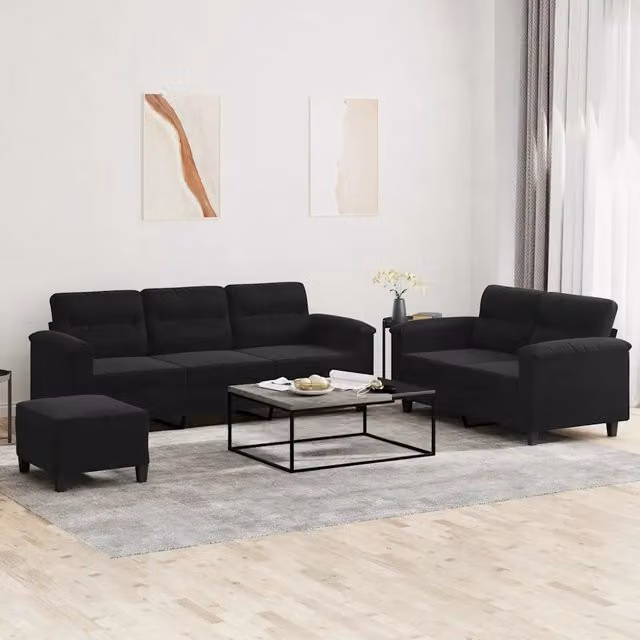 Set Divani 3 pz con Cuscini Nero in Tessuto Microfibra 3202347