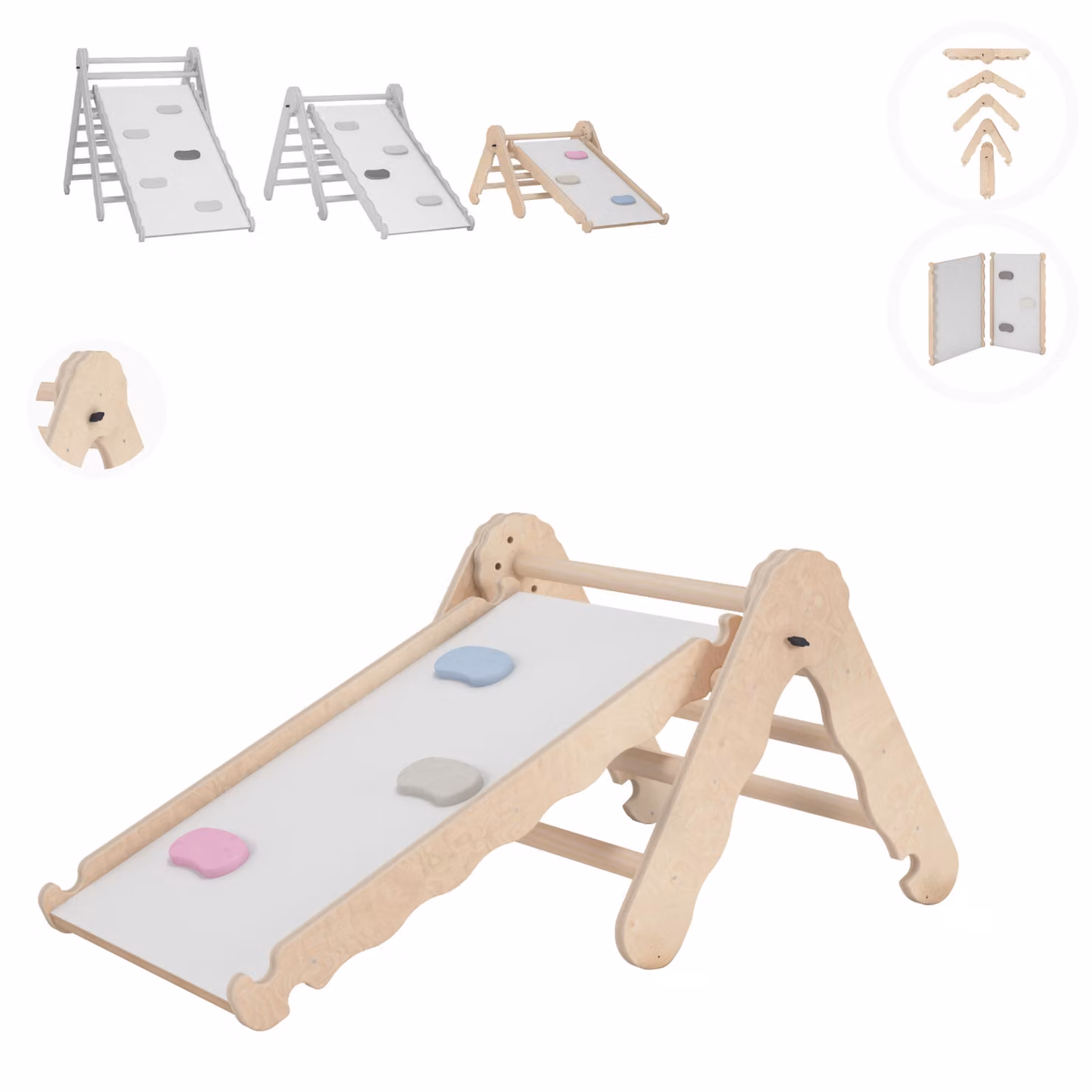 Struttura di arrampicata per interni MAMOI®, triangolo di arrampicata con scivolo in legno, torre di arrampicata con tavola di scivolo, scivolo per bambini ad arco di arrampicata, frusta arcobaleno