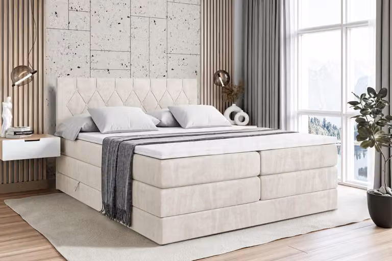 Letto boxspring ALTDECOR con 2 materassi e topper - 160x200 cm - VELANTO -BZ KING - Velluto beige - Letto imbottito con materassi H3 e H4, contenitore e rete a doghe, letto con spazio di stivaggio