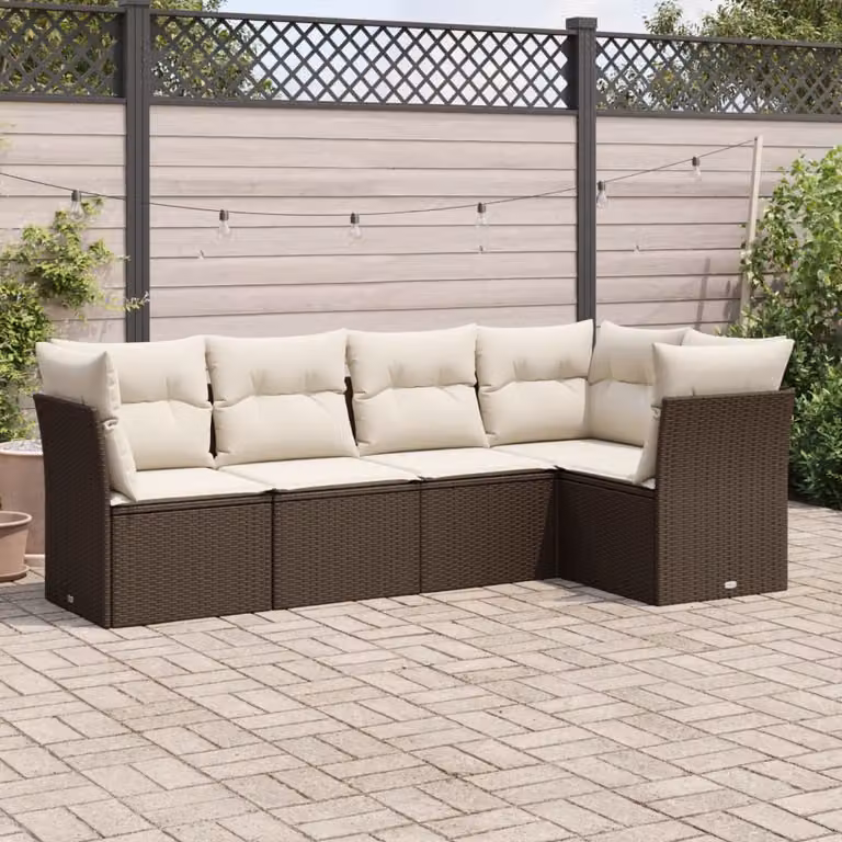 vidaXL Set Divano da Giardino a L 5 pz in Polyrattan Marrone con Cuscini Imbottiti e Rivestimenti Rimovibili