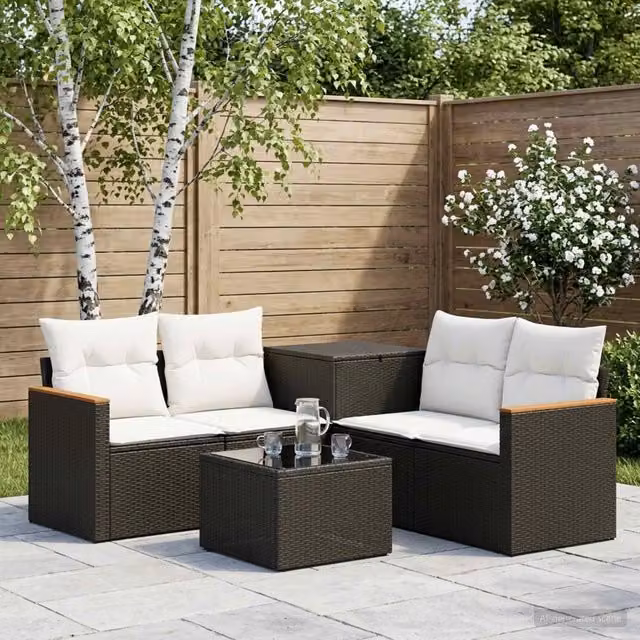 Set di divani da giardino a forma di L vidaXL in polyrattan nero e bianco con cuscini e tavolino da caffè