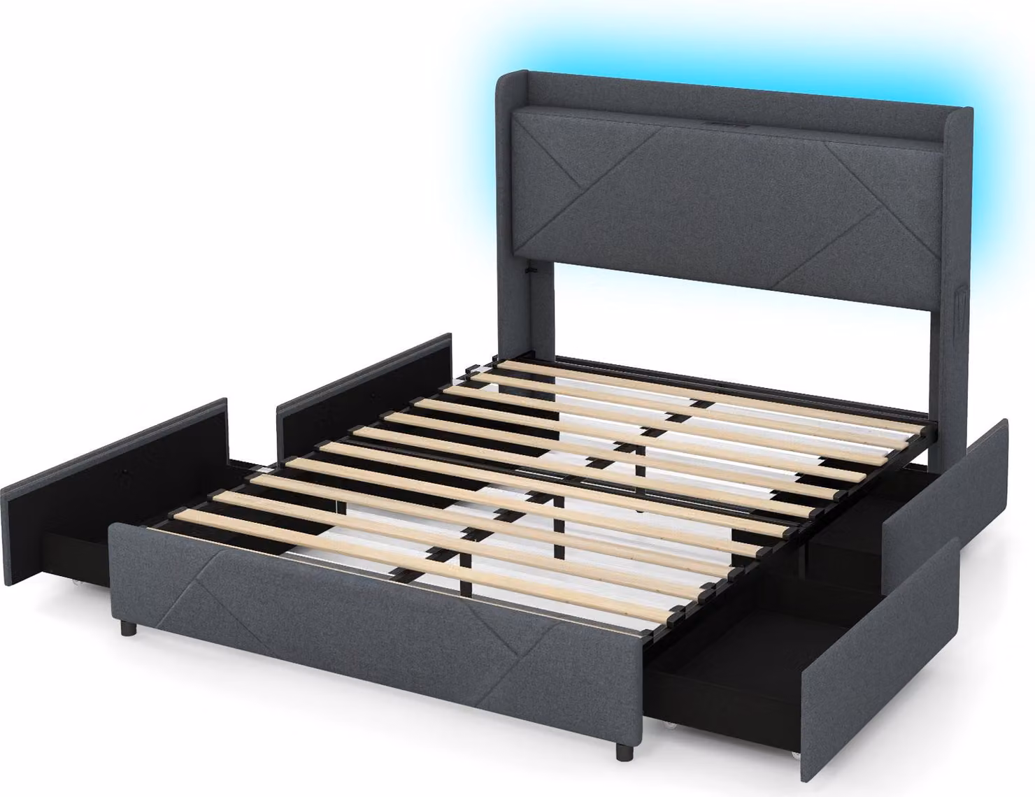Struttura letto matrimoniale COSTWAY 200x160cm con LED, struttura letto imbottita con stazione di ricarica, 2 tasche, 4 cassetti e testata ad ala, solo struttura letto grigia