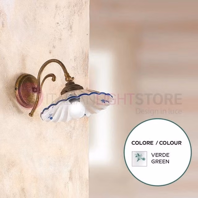Applique da Parete Altopascio di Ceramiche Borso in Ceramica e Ottone con Decori Verdi e Stile Rustico Country