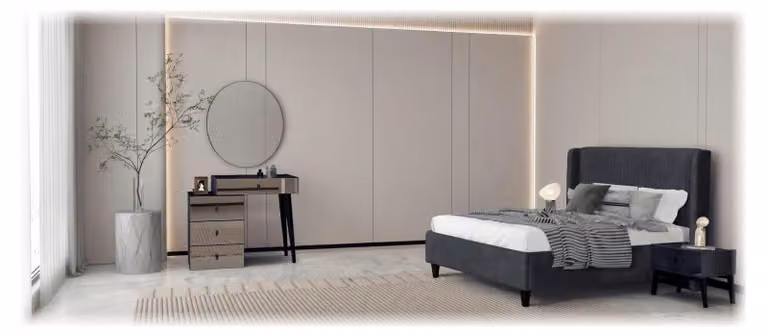 Set per camera da letto: letto, comò da trucco, 2 comodini, design moderno, colore nero