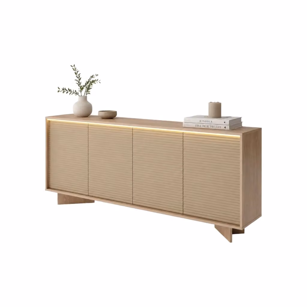 Madia Hataga DMORA con illuminazione integrata e ripiani interni, colore marrone rovere e beige, L: 204 cm, P: 40 cm, H: 84 cm – 2