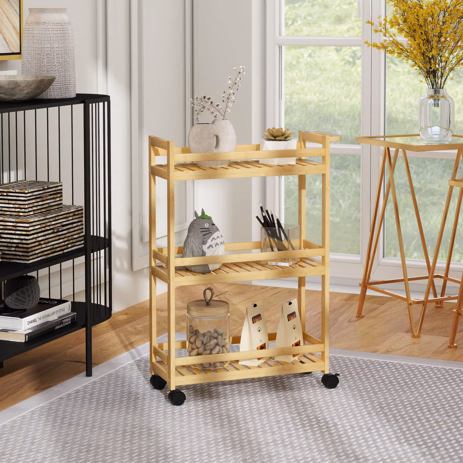 Carrello servitore HOMCOM in bambù marrone con 3 ripiani a doghe e protezione anti-caduta L: 55 cm, P: 20 cm, H: 75 cm – 2