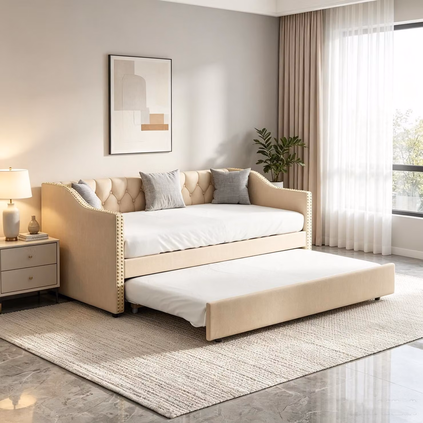 Letto a giorno INONEFT, estensibile, 90x200 cm, divano letto imbottito estensibile con letto aggiuntivo, divano letto con letto estraibile, tessuto in lino, senza materasso, color beige