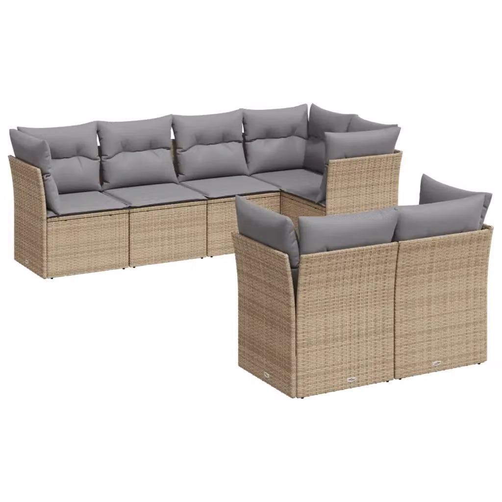 vidaXL Set Divani da Giardino 7 pz a Forma a L in Polyrattan con Cuscini Beige e Grigio – 2