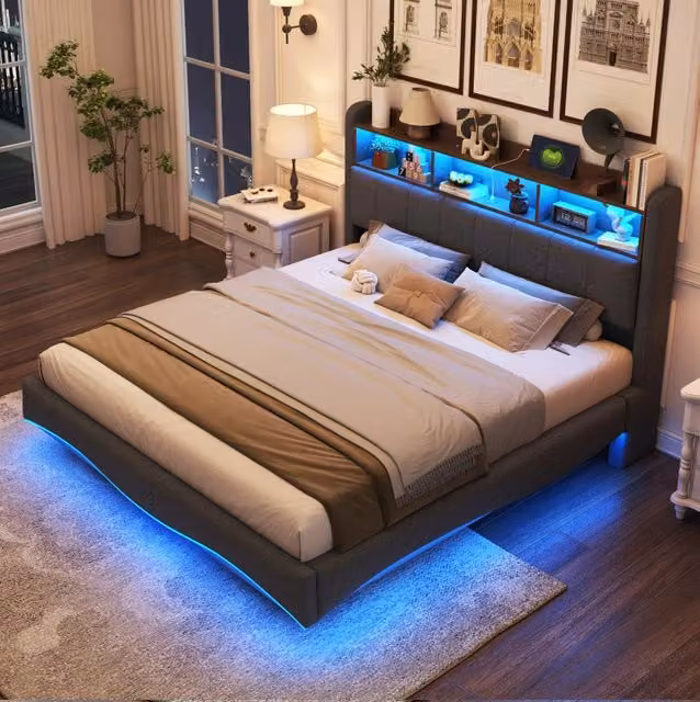 Letto imbottito sospeso 160x200 cm grigio con LED; USB e Type-C