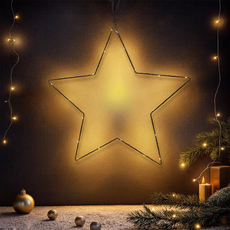 Stella illuminata in metallo da appendere nera con timer - 20 LED - Stella Silhouette 50 cm illuminata bianco caldo a batteria