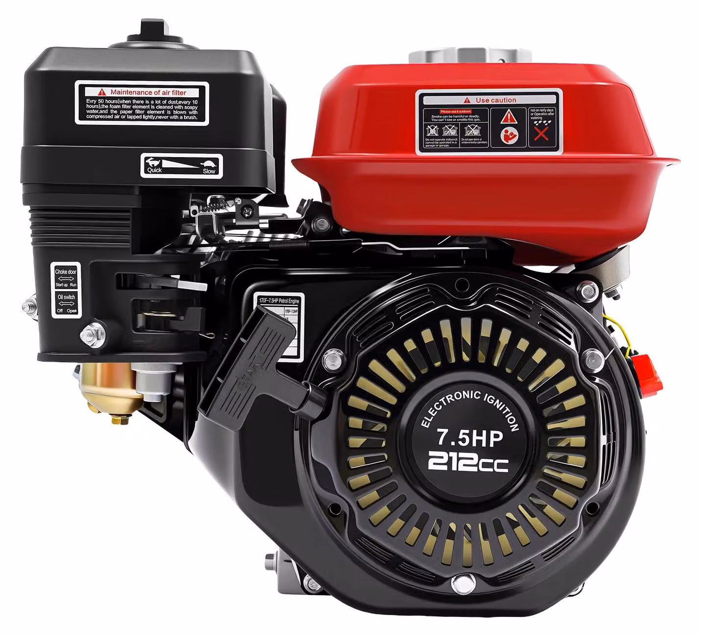 Motore a benzina - 4 tempi, 212cc, 7,5 CV, 4 kW - Raffreddato ad aria, albero a camme in testa - Sistema di allarme livello olio basso - A basso consumo di carburante - Colore nero