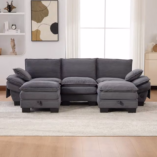 Divano modulare a L MIVRAY in velluto a coste grigio con pouf coordinato e ricarica USB
