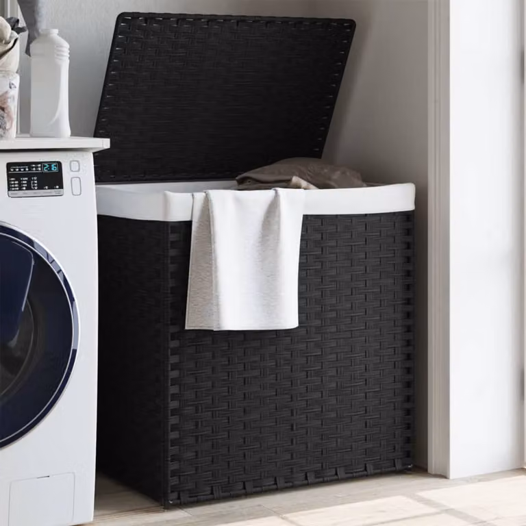 Cesto Portabiancheria a 2 Sezioni vidaXL in Polyrattan Nero con Coperchio e Maniglie L: 53 cm, P: 35 cm, H: 57 cm