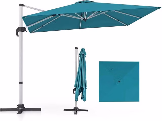 Ombrellone quadrato da giardino Costway blu con palo in alluminio, inclinazione regolabile e base incrociata, L 300 x P 300 cm