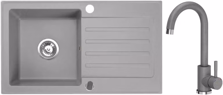 VBChome Lavello in granito 76 x 44 cm Grigio con rubinetto Lavello da incasso a vasca singola Reversibile Speckled Lavello di facile manutenzione con sifone
