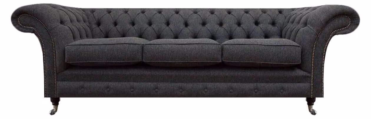Dunkelgraue Chesterfield Textilcouch Wohnzimmer Dreisitzer Edle Sitzmöbel