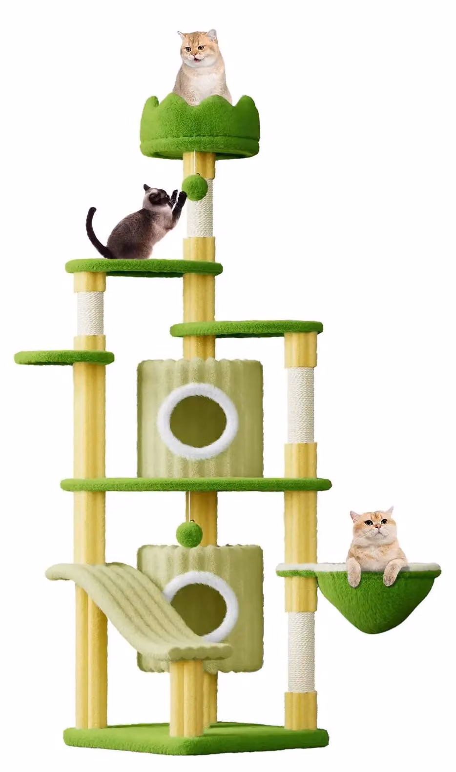 Albero per gatti - 162 cm - Quattro livelli - Tiragraffi - Tana - Ampia piattaforma per riposare - Verde