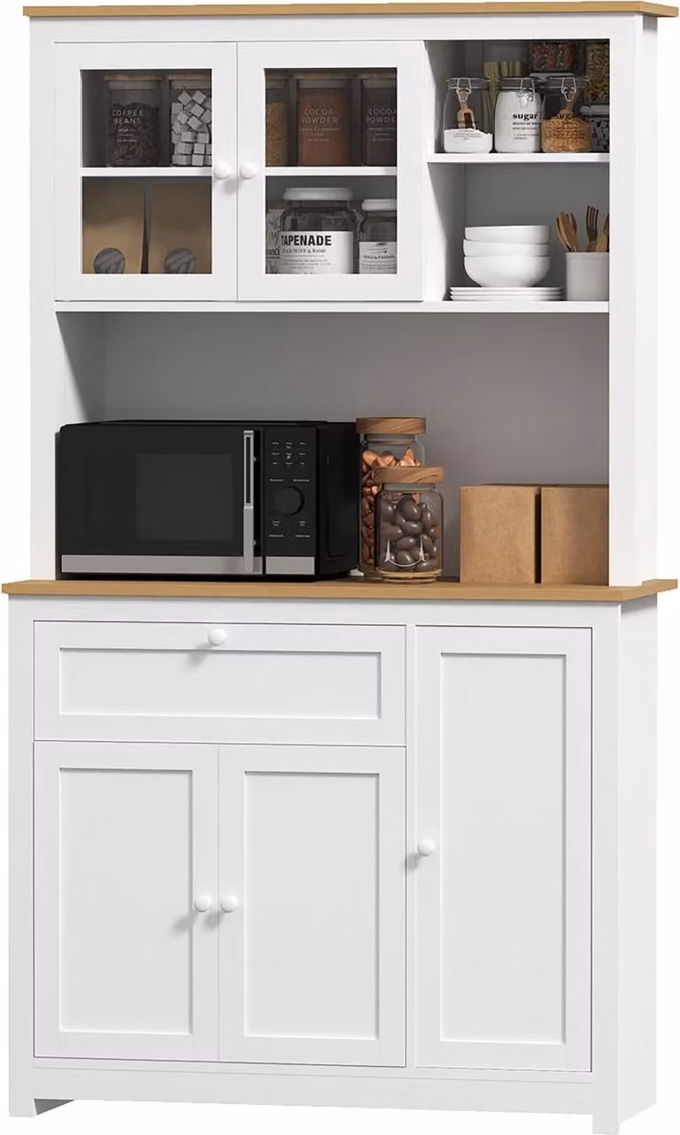 Mobile da cucina, buffet da cucina con cassetti, mobile multiuso con 2 ripiani aperti, 3 armadi, vetrina con piano d'appoggio per soggiorno, bianco, 100 x 40 x 180 cm