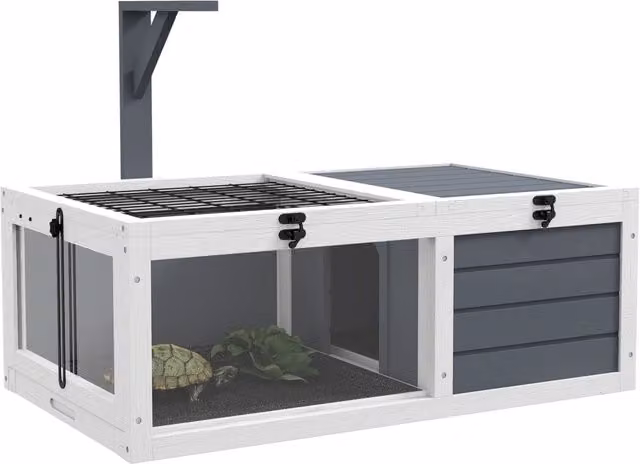 Casa per Tartarughe di Terra 81x48x31,5 cm con 2 Coperchi Apribili e 2 Spazi in Legno di Abete Grigio