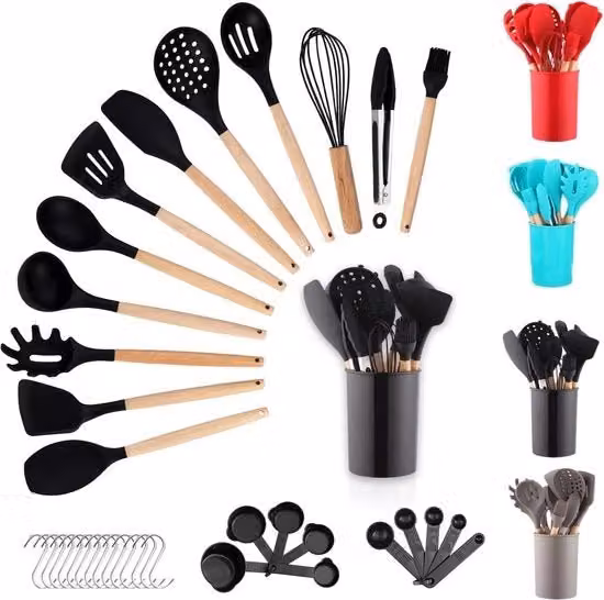 Set di 38 accessori da cucina Berglander in silicone nero con manici in legno, resistente al calore, incluso gancio e supporto per contenitore