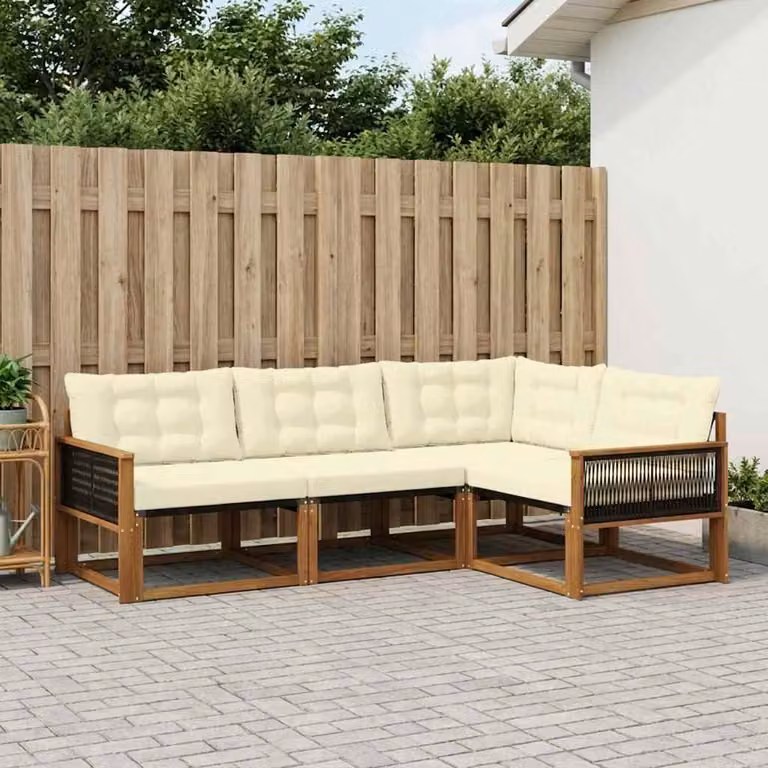 Set di divani da esterno vidaXL a forma di L composto da 4 pezzi in legno di acacia con cuscini in tessuto textilene, colore naturale e crema