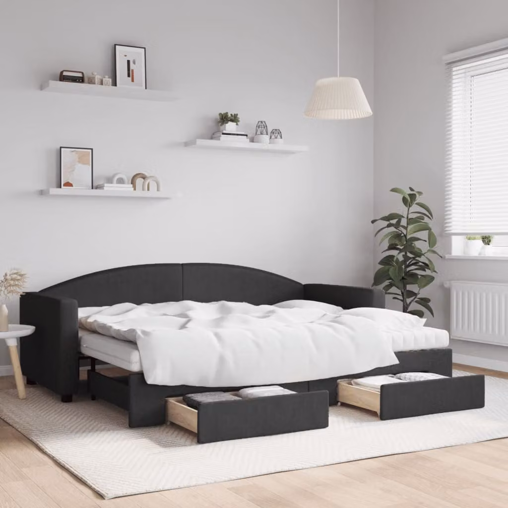 vidaXL Divano Letto Estraibile con Cassetti in Tessuto Nero L/P/H: 223 x 90 x 75 cm
