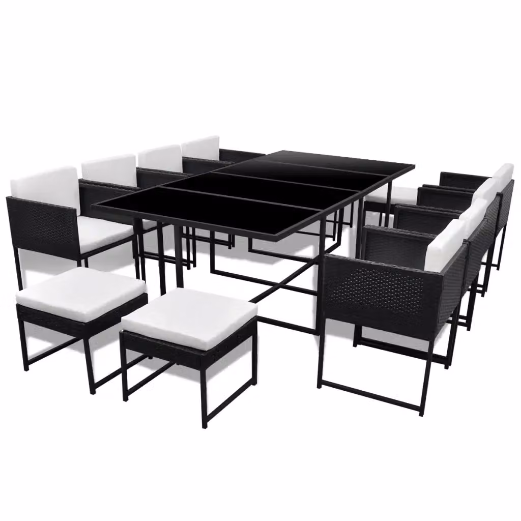 vidaXL Set da Pranzo da Giardino 13 pz in Polyrattan con Cuscini e Tavolo in Vetro Nero e Bianco – 2