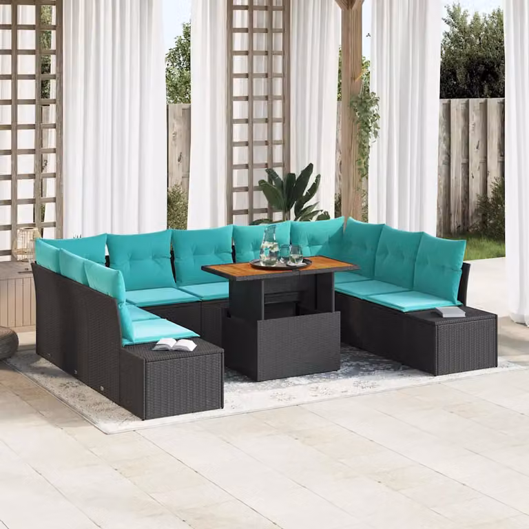 Set Divano da Giardino vidaXL 10 Pezzi a Forma di U in Polyrattan Nero con Cuscini e Struttura in Acciaio