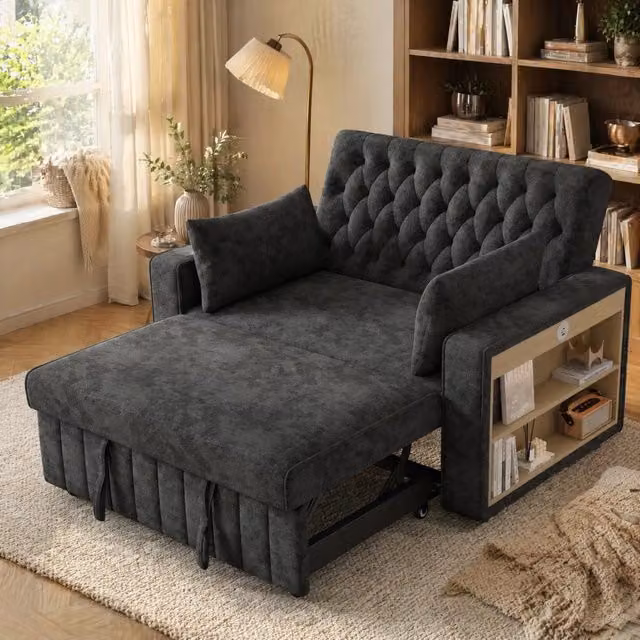 Divano letto a 2 posti in chenille grigio con USB; bracciolo portabicchieri e schienale regolabile