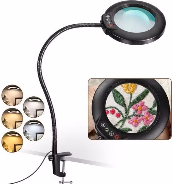 Lampada da tavolo con lente d'ingrandimento a mani libere Unyqoos® – Ingrandimento 10x, lente diottrica da 4,3 pollici, braccio flessibile in metallo da 58 cm, LED dimmerabili (5 modalità di colore, 10 livelli di luminosità), morsetto fino a 5,5 cm