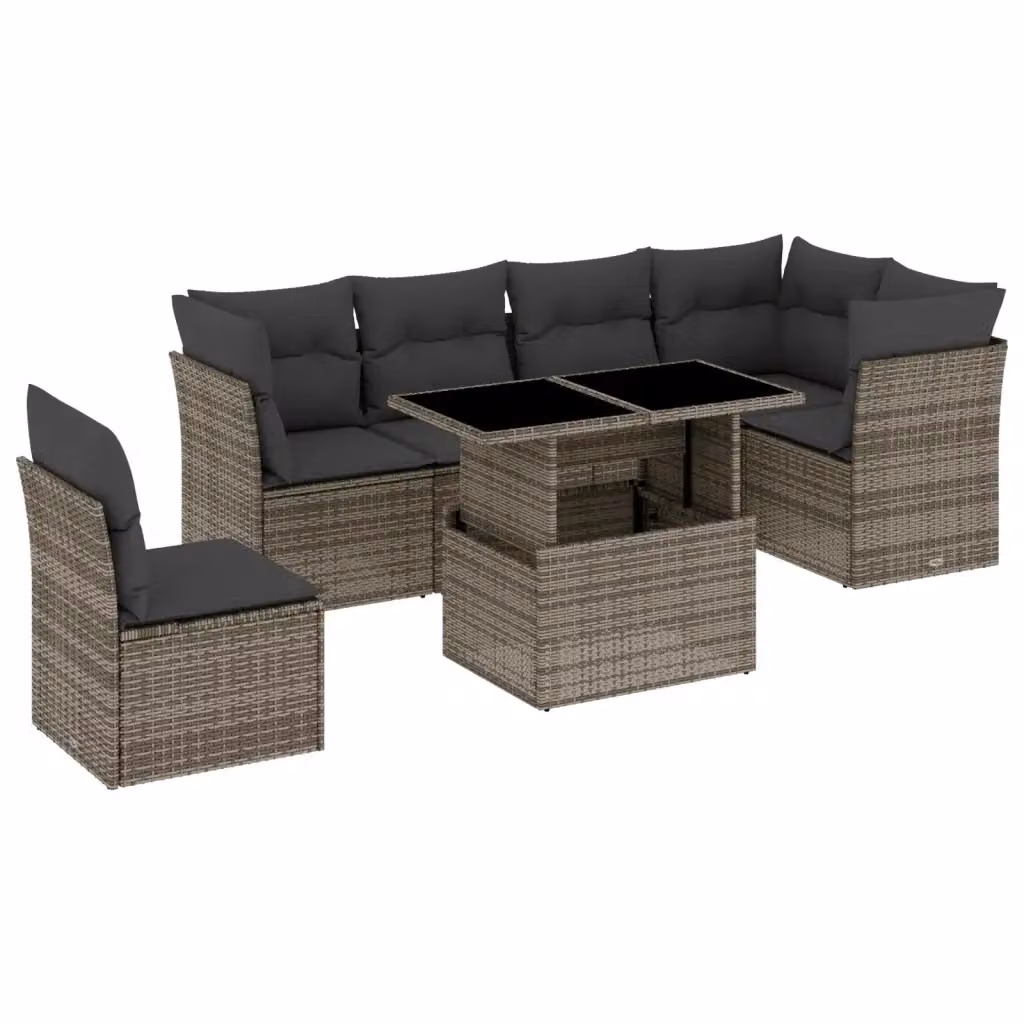 vidaXL Set Divani da Giardino 7 pz a Forma a L con Cuscini Grigio in Polyrattan e Struttura in Acciaio – 2