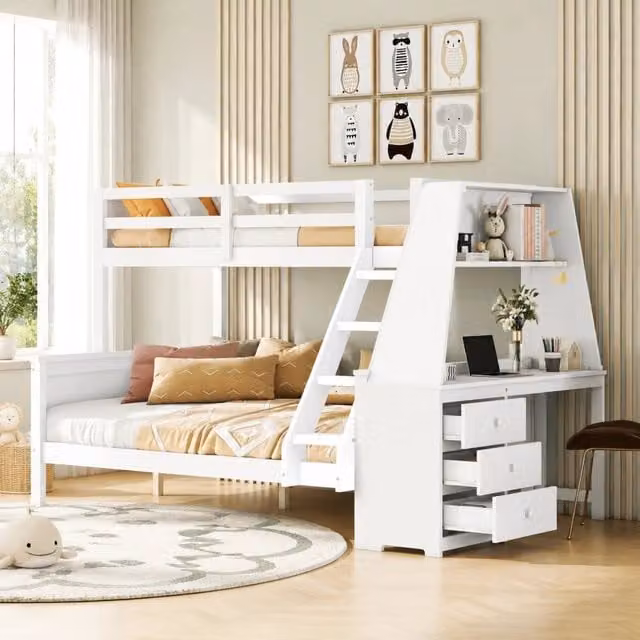 Letto a castello ULEVR 90x200 e 140x200 cm con scrivania, libreria, 3 cassetti e vano portaoggetti, bianco