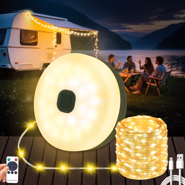 Catena luminosa da campeggio, 10 metri, arrotolabile, 9 modalità, ricaricabile tramite USB, 2500 mAh