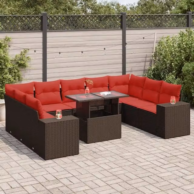 Set Divani Giardino 10 pz con Cuscini Polyrattan Marrone Acacia 3326865