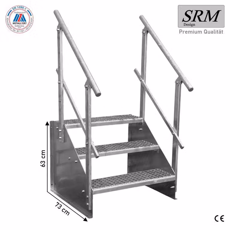 Scala a tre gradini, modello 1, zincata, larghezza 130 cm, altezza 63 cm. 2 corrimano angolari
