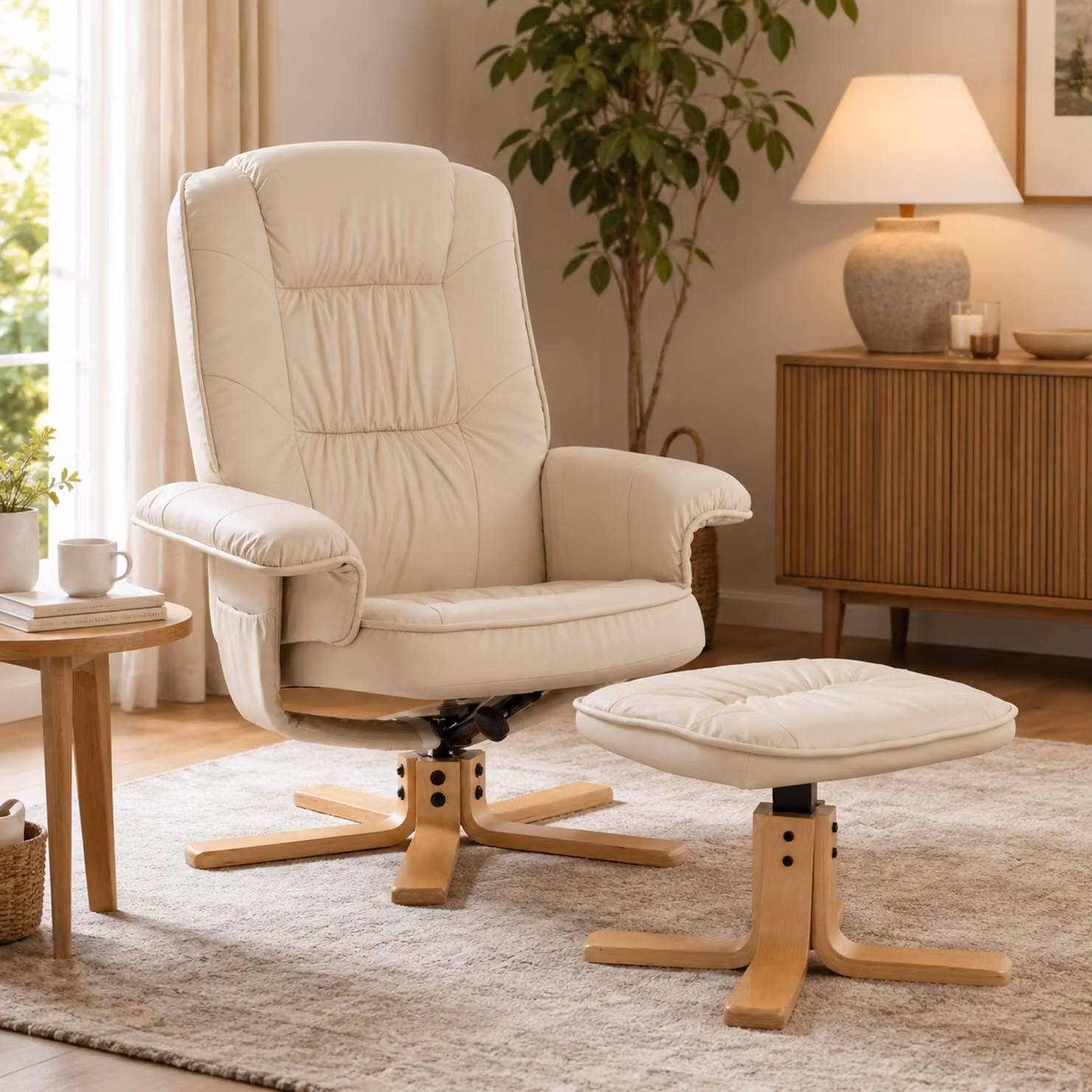 Poltrona relax H56, poltrona TV Poltrona TV con sgabello pouf, Similcuoio, legno di eucalipto MVG ~ crema