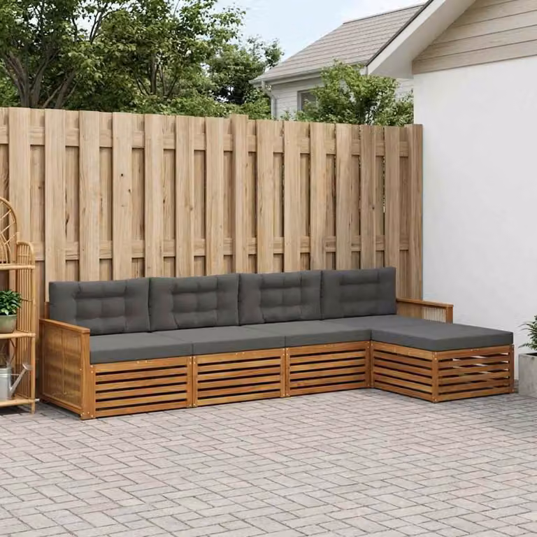 Set di divani da esterno vidaXL 5 pezzi in legno di acacia con pouf e cuscini, colore naturale e antracite
