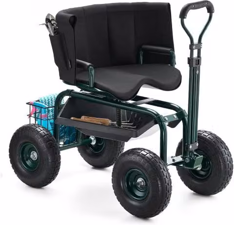 VEVOR Carrello da Giardino con Ruote e Sedile da Lavoro Girevole 360°, Portautensili con Maniglia Estensibile, Verde e Nero