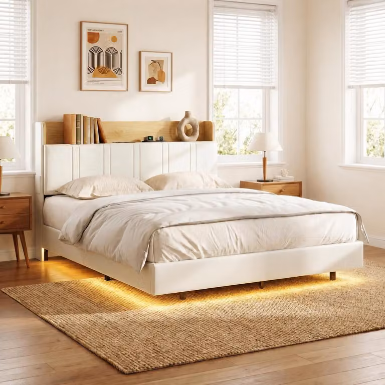 INONEFT, letto sospeso 140 x 200 cm, letto imbottito con LED e USB, letto matrimoniale con rete a molle, testiera con spazio contenitore, rivestito in PU, colore bianco, senza materasso